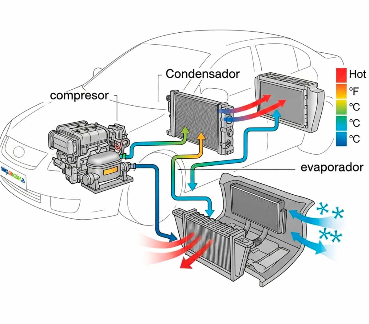 Diagrama ilustrado del sistema de aire acondicionado en un coche, mostrando compresor, condensador y evaporador.